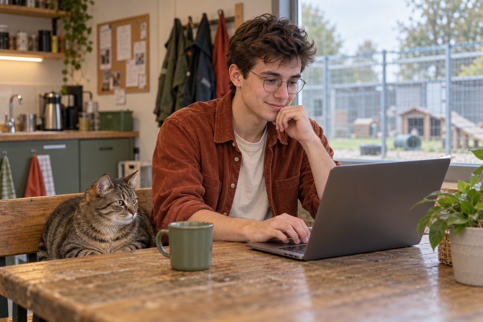Een student dierverzorging bekijkt vacatures op zijn laptop, met een kat naast zich.