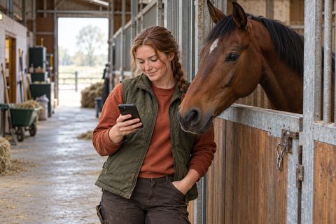 Een stalmedewerker bekijkt een vacature op haar telefoon, met een paard naast haar