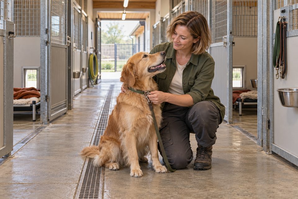 Een dierverzorger met een golden retriever in een hondenpension